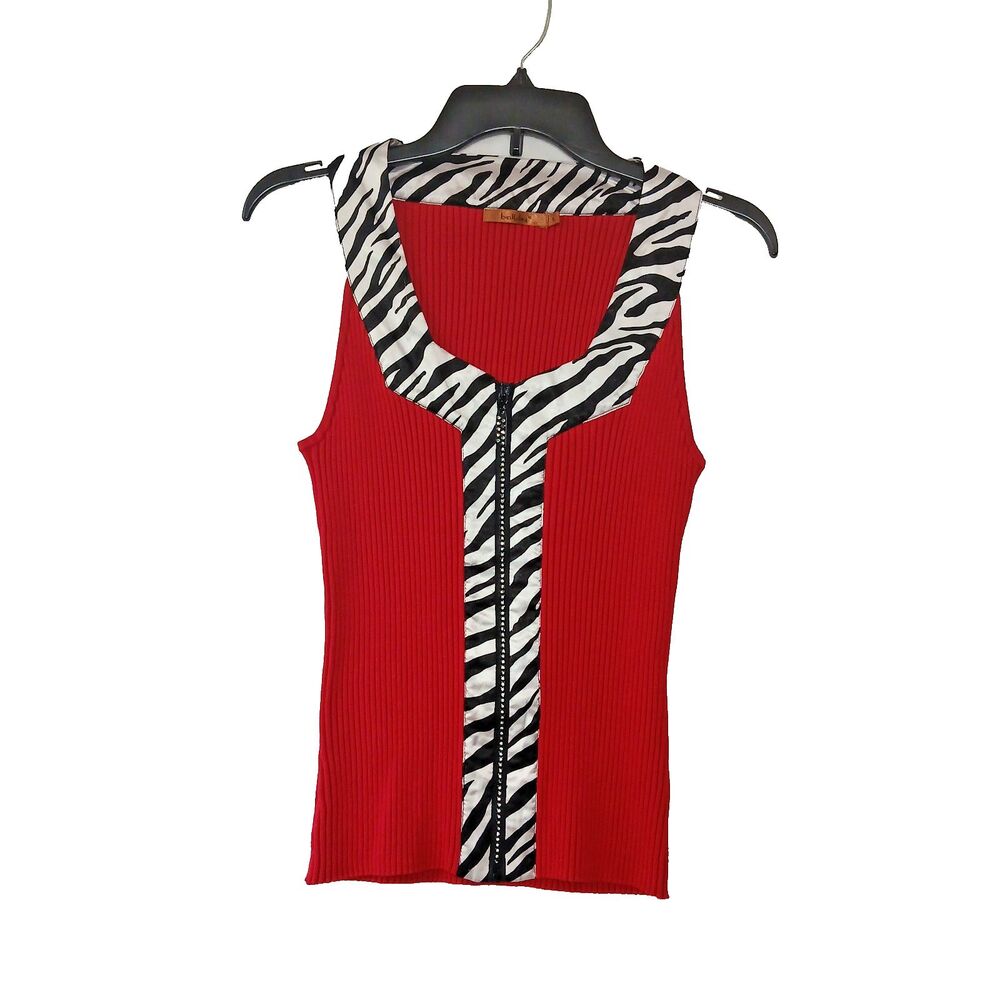 Y2K Belldini Red Ribbed Zebra Stripe Sleeveless Rhinestone Zip Up Top Large #915